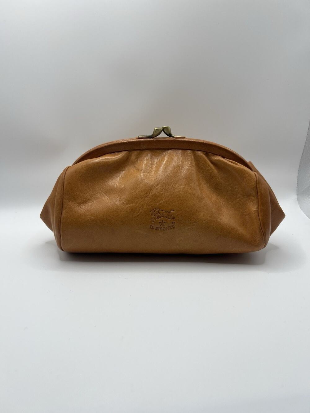 IL BISONTE Classic Brown Leather Kisslock Clutch Frame Bag Wallet Purse Italy